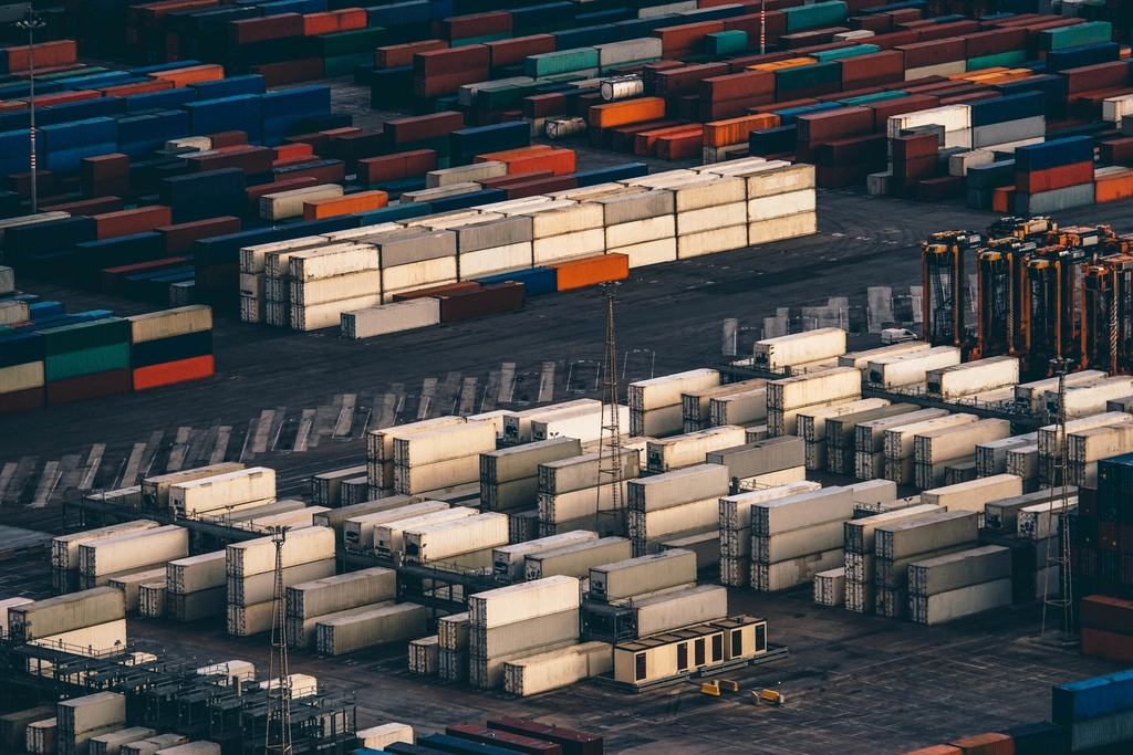 Stacks of shipping containers at a port